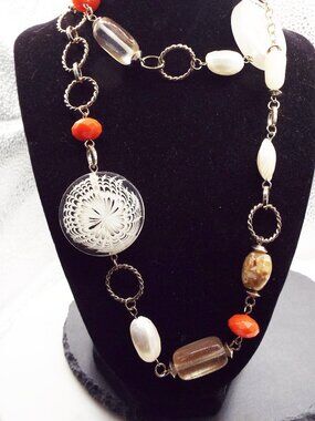 CHICOS LUCITE NAUTILUS MEDALLIONS W/ LUCITE ASSORTED BEADS 32" L. NECKLACE 1